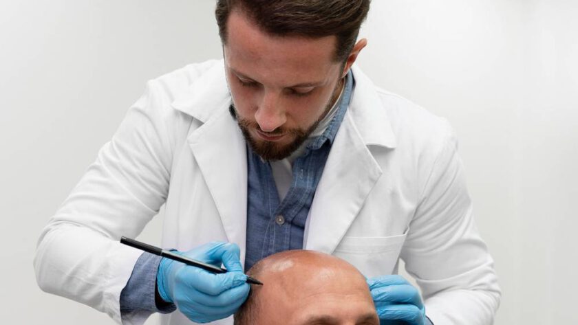 lekarz ogląda głowę pacjenta przed przeszczepem włosów
