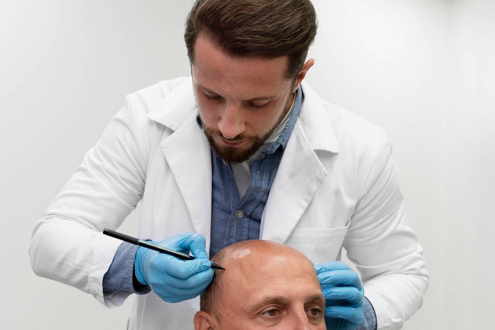 lekarz ogląda głowę pacjenta przed przeszczepem włosów